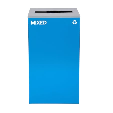 Square Recycling Bin, 29 Gallons, Blue Can, Mixed Opening Lid, For Mixed